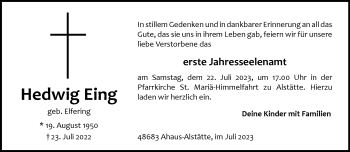 Anzeige von Hedwig Eing 