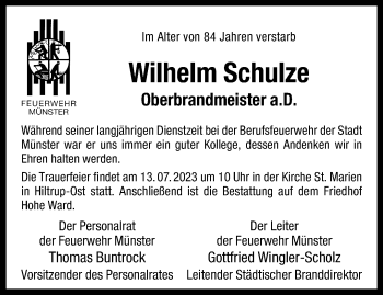 Anzeige von Wilhelm Schulze 