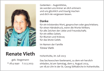 Anzeige von Renate Vieth 