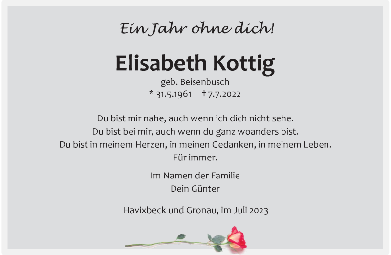  Traueranzeige für Elisabeth Kottig vom 08.07.2023 aus 