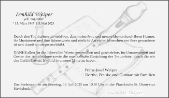 Anzeige von Irmhild Weiper 