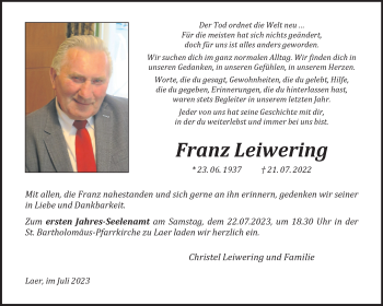 Anzeige von Franz Leiwering 