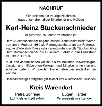 Anzeige von Karl-Heinz Stuckenschnieder 