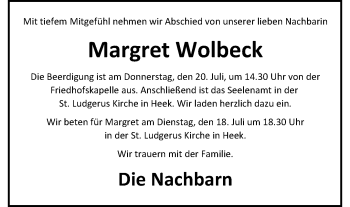 Anzeige von Margret Wolbeck 