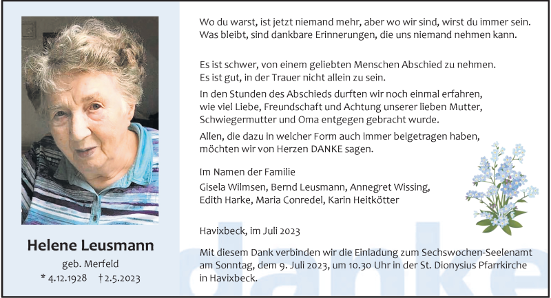  Traueranzeige für Helene Leusmann vom 01.07.2023 aus 