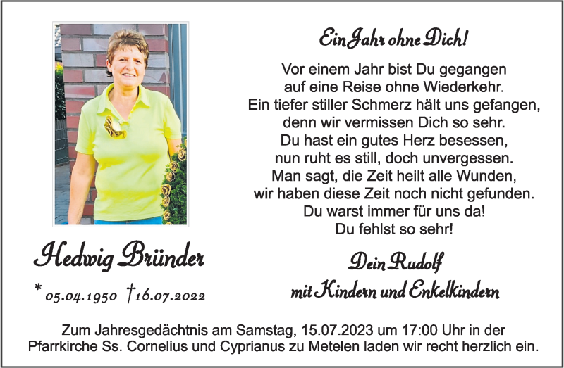  Traueranzeige für Hedwig Bründer vom 11.07.2023 aus 