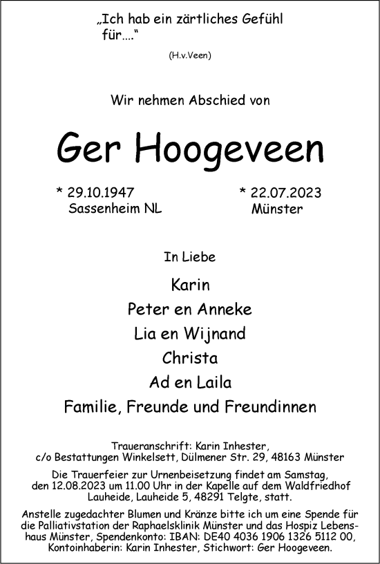 Anzeige von Ger Hoogeveen 