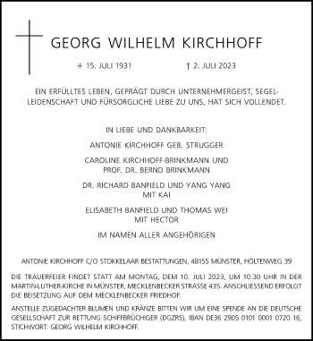 Anzeige von Georg Wilhelm Kirchhoff 