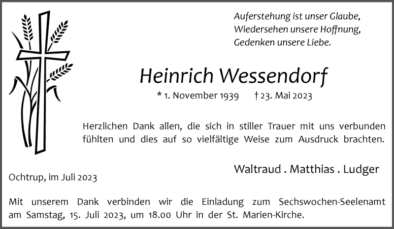  Traueranzeige für Heinrich Wessendorf vom 12.07.2023 aus 