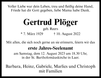 Anzeige von Gertrud Plöger 