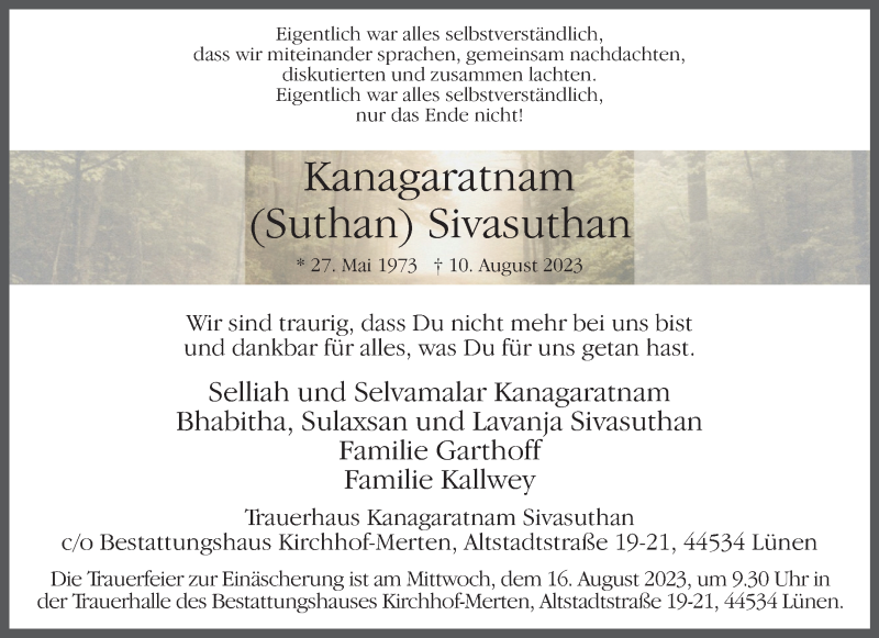  Traueranzeige für Kanagaratnam Sivasuthan vom 15.08.2023 aus 