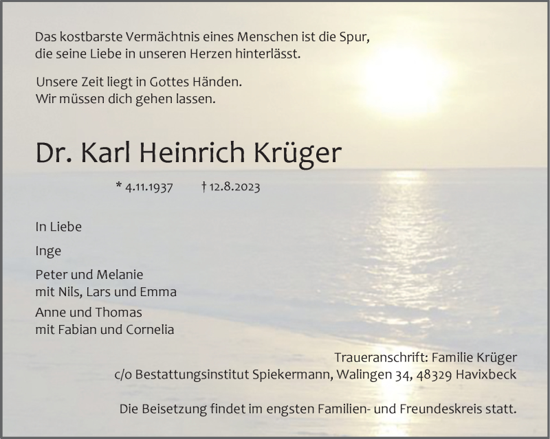 Traueranzeige für Dr. Karl Heinrich Krüger vom 19.08.2023 aus 