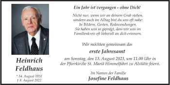 Anzeige von Heinrich Feldhaus 