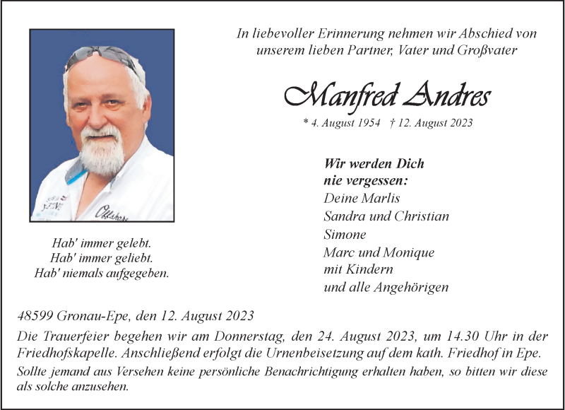  Traueranzeige für Manfred Andres vom 19.08.2023 aus 