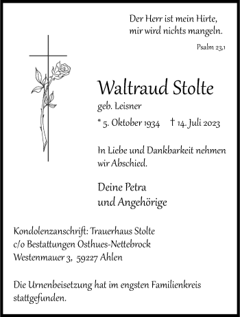 Anzeige von Waltraud Stolte 