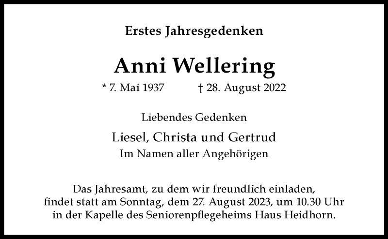 Traueranzeige für Anni Wellering vom 23.08.2023 aus 
