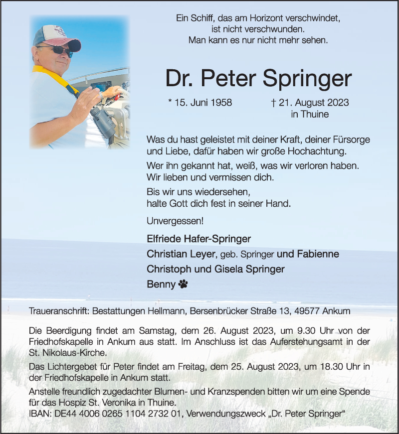  Traueranzeige für Dr. Peter Springer vom 24.08.2023 aus 
