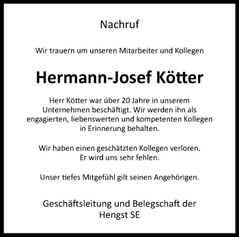 Anzeige von Hermann-Josef Kötter 