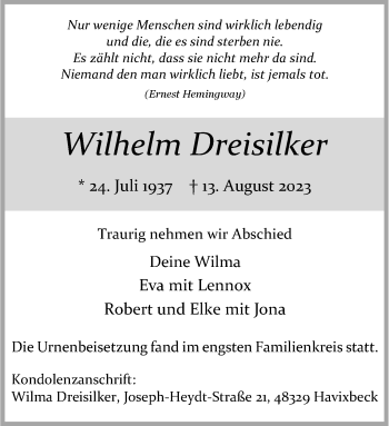 Anzeige von Wilhelm Dreisilker 