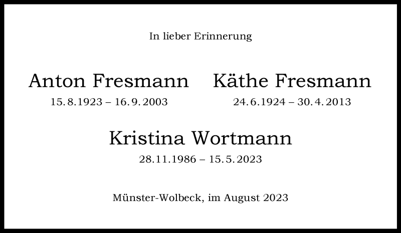 Traueranzeige für Kristina Wortmann vom 15.08.2023 aus 