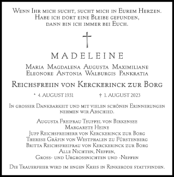 Anzeige von Madeleine Maria Magdalena Augusta Maximiliane Eleonore Antonia Walburgis Pankratia Reichsfreiin von Kerckerinck zur Borg 