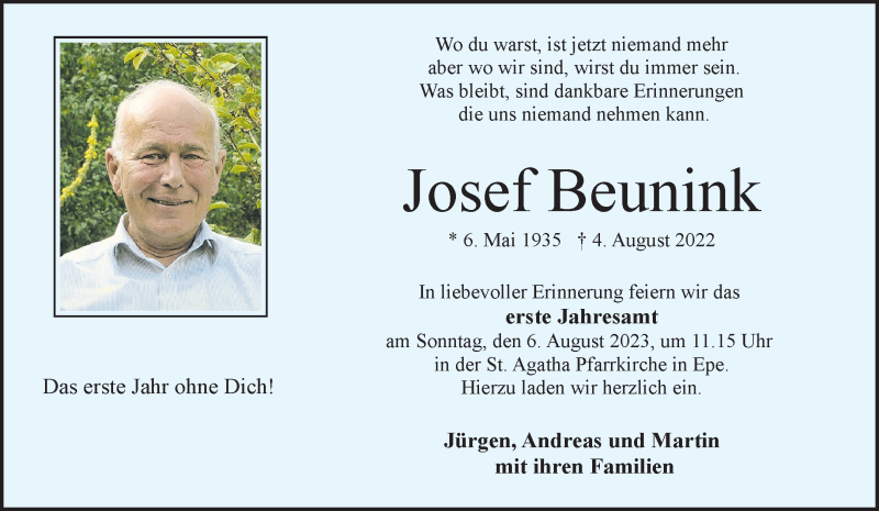  Traueranzeige für Josef Beunink vom 01.08.2023 aus 