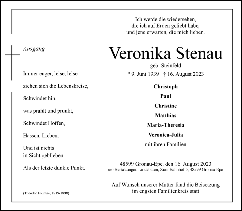  Traueranzeige für Veronika Stenau vom 26.08.2023 aus 