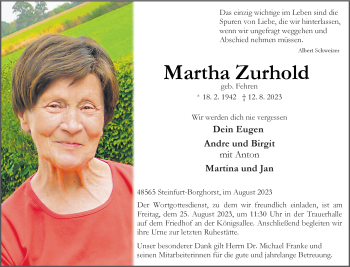 Anzeige von Martha Zurhold 
