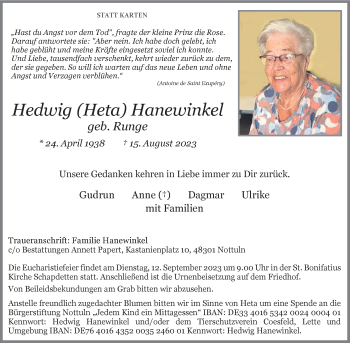 Anzeige von Hedwig Hanewinkel 