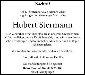 Anzeige von Hubert Stermann 