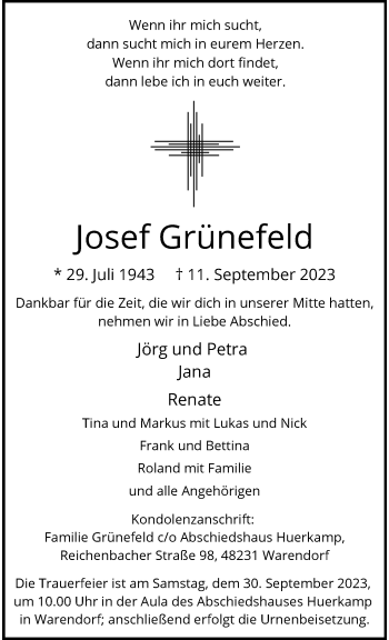 Anzeige von Josef Grünefeld 