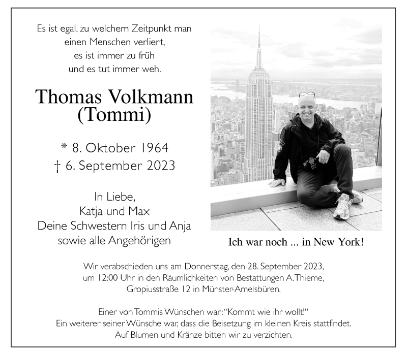  Traueranzeige für Thomas Volkmann vom 23.09.2023 aus 