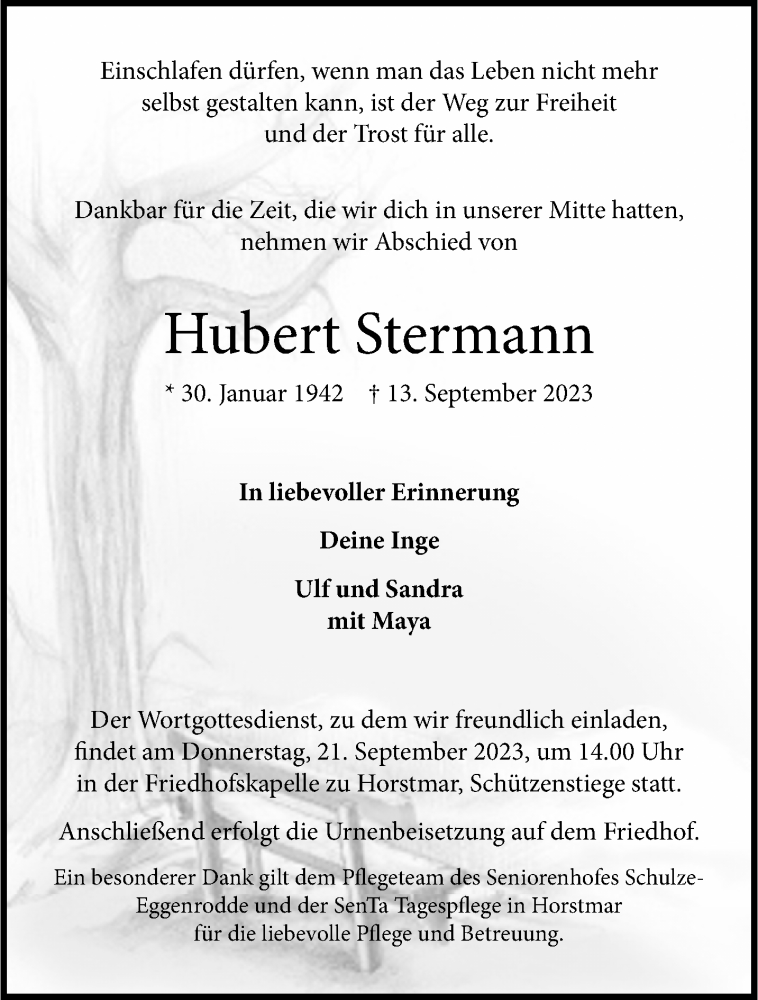  Traueranzeige für Hubert Stermann vom 16.09.2023 aus 