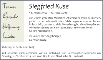 Anzeige von Siegfried Kuse 