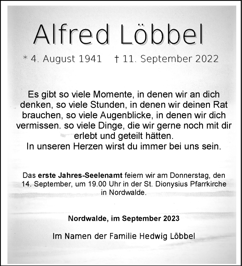  Traueranzeige für Alfred Löbbel vom 09.09.2023 aus 