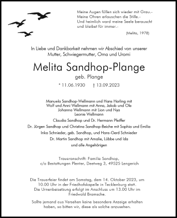 Anzeige von Melita Sandhop-Plange 