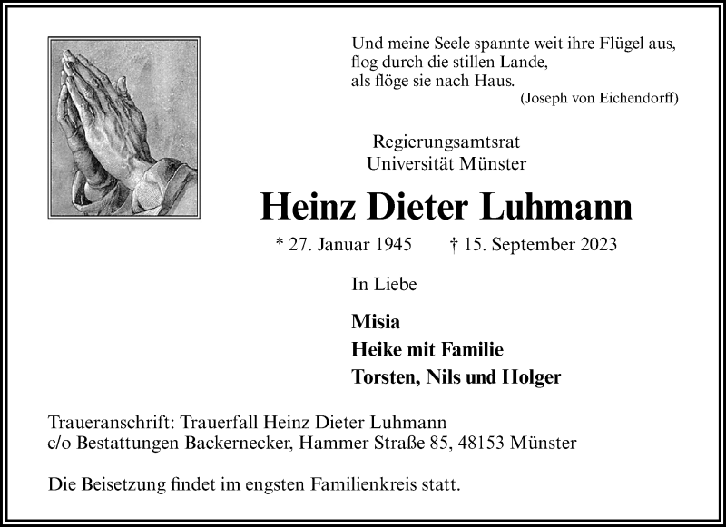  Traueranzeige für Heinz Dieter Luhmann vom 23.09.2023 aus 