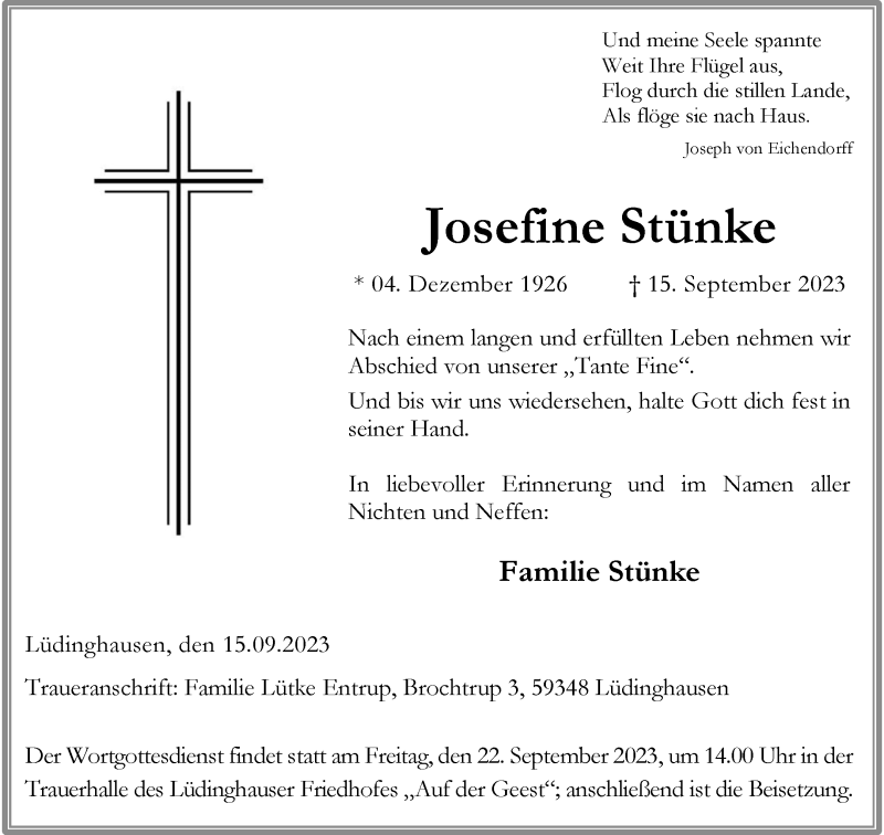  Traueranzeige für Josefine Stünke vom 19.09.2023 aus 
