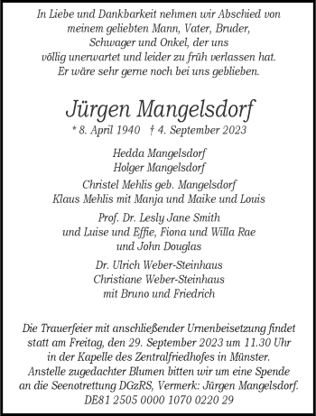 Anzeige von Jürgen Mangelsdorf 
