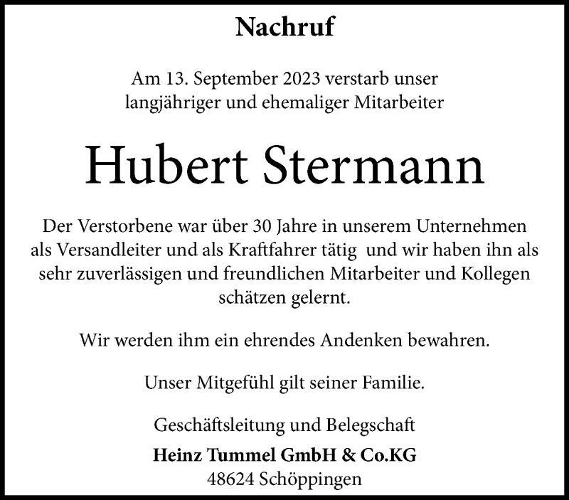  Traueranzeige für Hubert Stermann vom 21.09.2023 aus 
