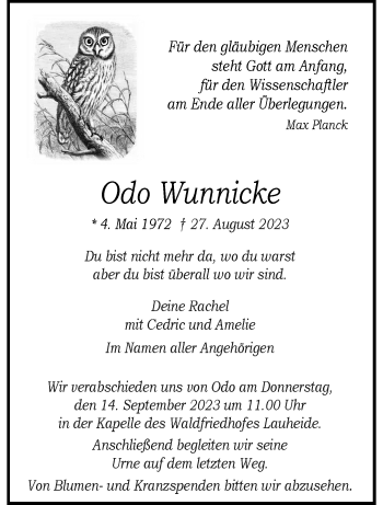 Anzeige von Odo Wunnicke 