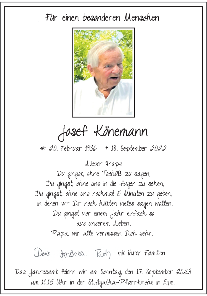  Traueranzeige für Josef Könemann vom 16.09.2023 aus 