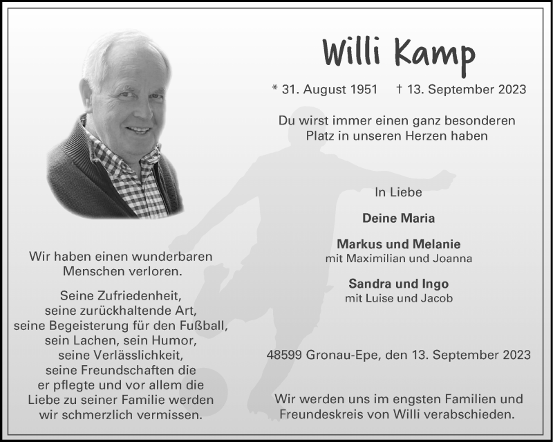  Traueranzeige für Willi Kamp vom 16.09.2023 aus 