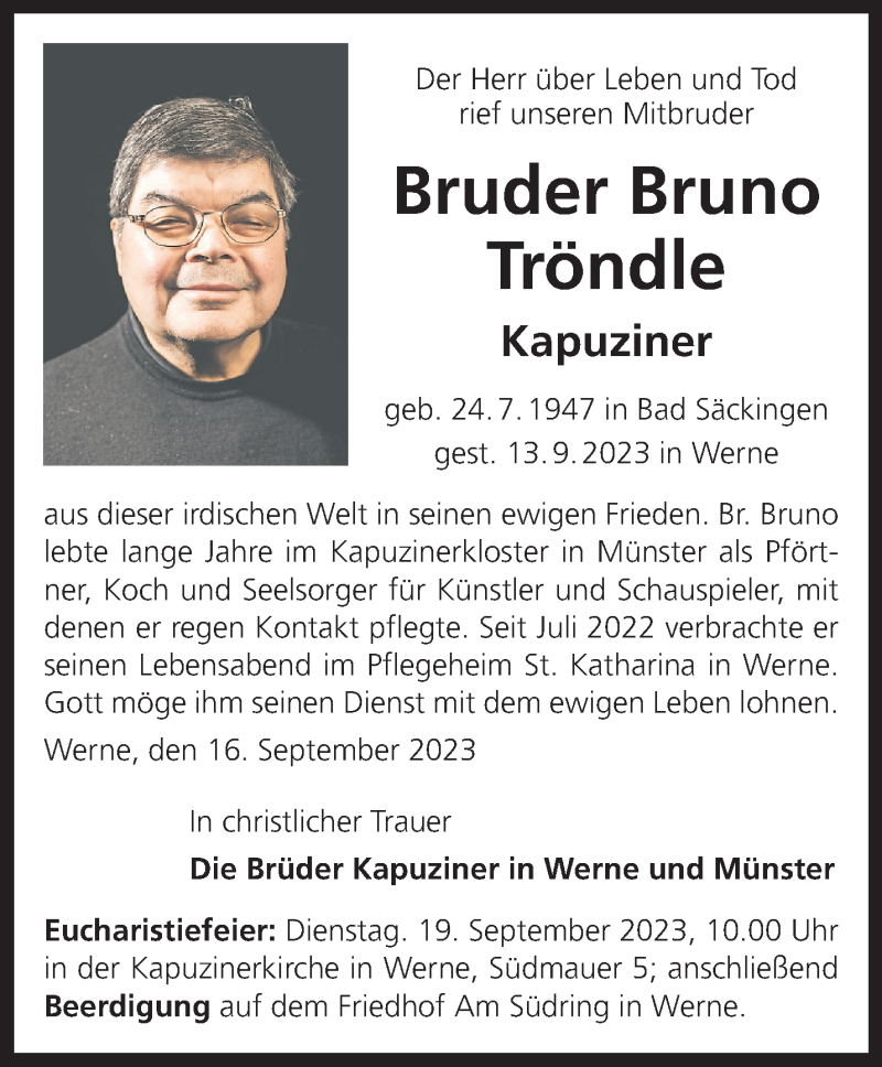  Traueranzeige für Bruno Tröndle Kapuziner vom 16.09.2023 aus 