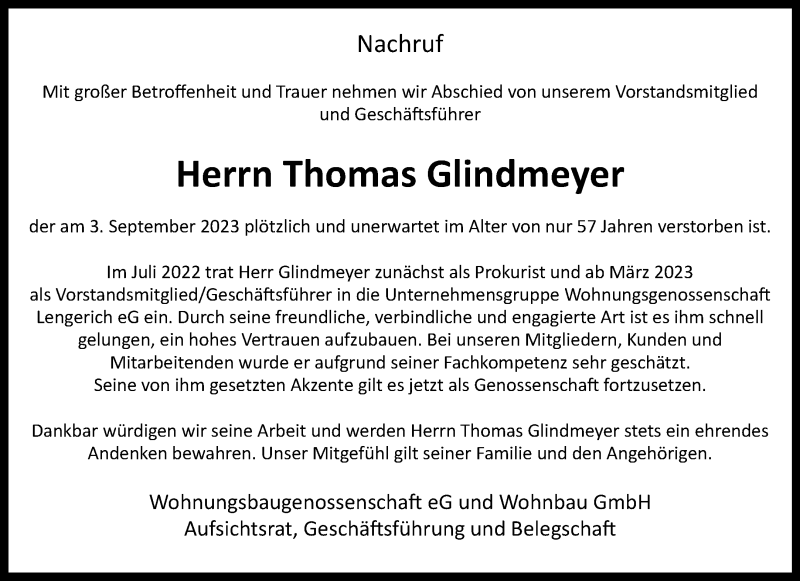  Traueranzeige für Thomas Glindmeyer vom 19.09.2023 aus 