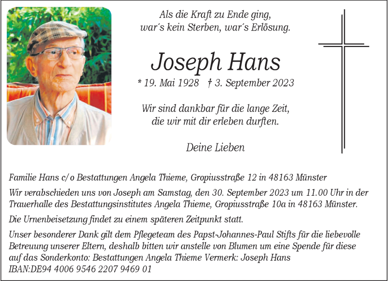  Traueranzeige für Joseph Hans vom 16.09.2023 aus 