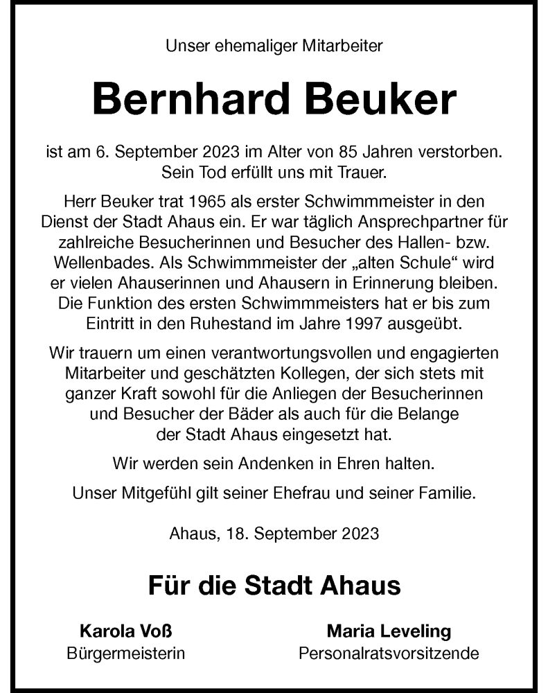  Traueranzeige für Bernhard Beuker vom 19.09.2023 aus 