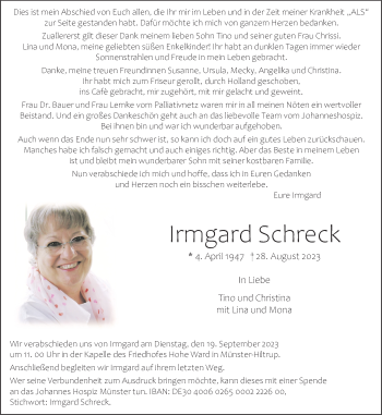 Anzeige von Irmgard Schreck 