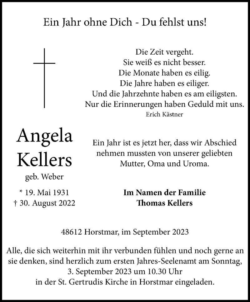  Traueranzeige für Angela Kellers vom 02.09.2023 aus 