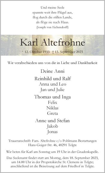Anzeige von Karl Altefrohne 